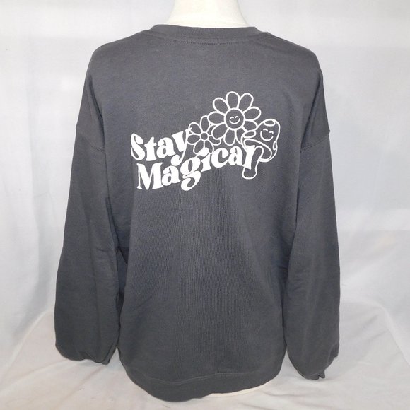 Garage STAY MAGICAL Gray Crew Neck Sweatshirt Womens M Mushroom Flower - Picture 1 of 9